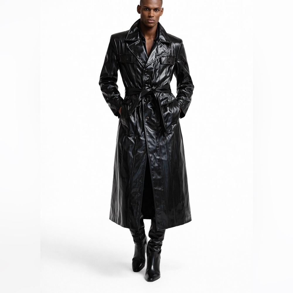 Orttu Men’s Black Gloss Patent Leather Trench Coat Couture Long Belted Jacket M‎ - Picture 5 of 7
